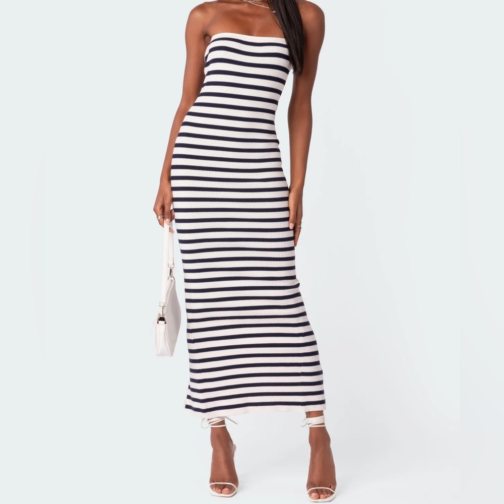 NEW white & dark blue striped knit dress